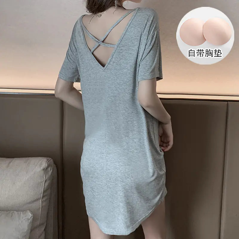 Summer Short Sleeve Pyjamas Dress with Chest Pad (Black)