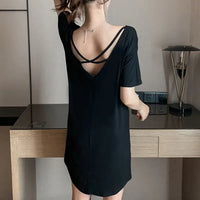 Summer Short Sleeve Pyjamas Dress with Chest Pad (Black)