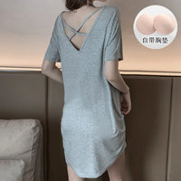 Summer Short Sleeve Pyjamas Dress with Chest Pad (Black)