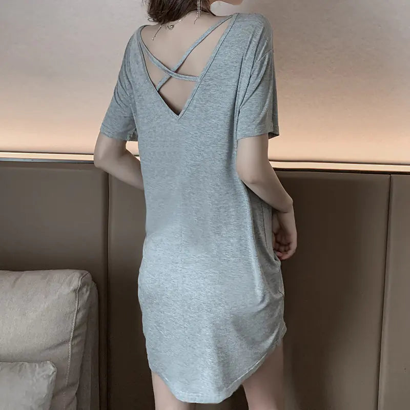 Summer Short Sleeve Pyjamas Dress with Chest Pad (Black)