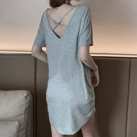 Summer Short Sleeve Pyjamas Dress with Chest Pad (Black)