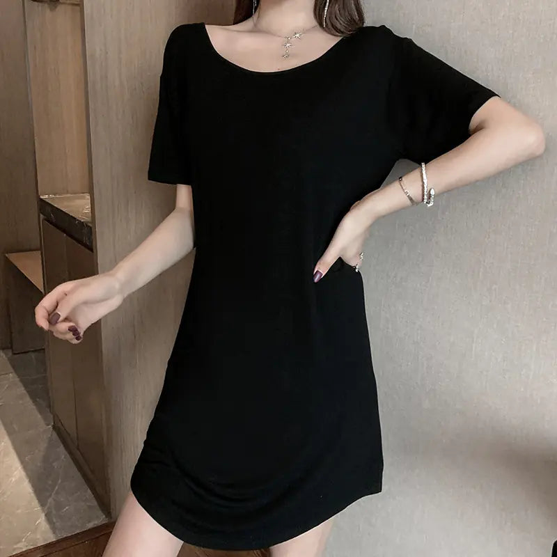 Summer Short Sleeve Pyjamas Dress with Chest Pad (Black)