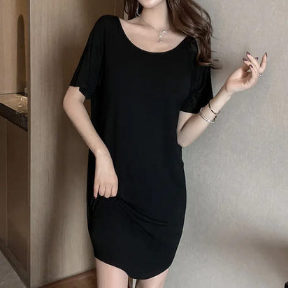 Summer Short Sleeve Pyjamas Dress with Chest Pad (Black)