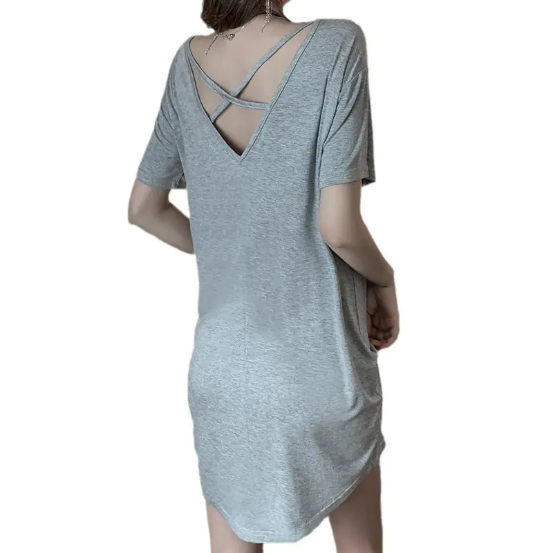 Summer Short Sleeve Pyjamas Dress with Chest Pad (Black)